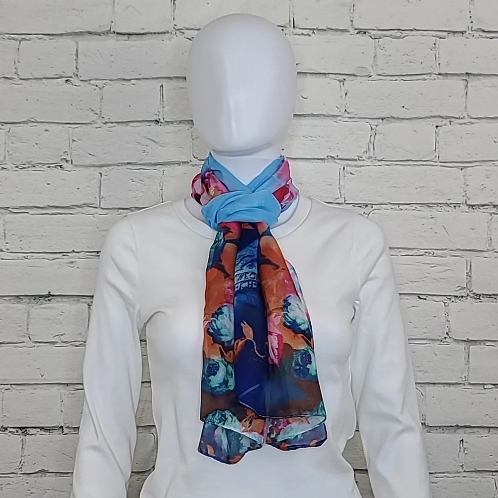 Unbranded Flowy Vibrant Floral Sheer Chiffon Classic Oblong Scarf Bl/Pnk Multi